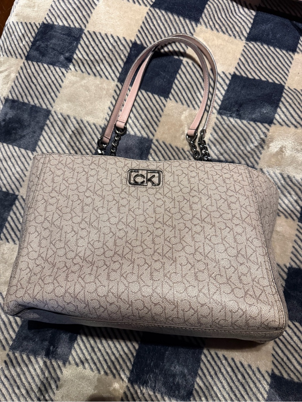 Calvin Klein Blush Monogram Tote with Chain-Accent Straps
